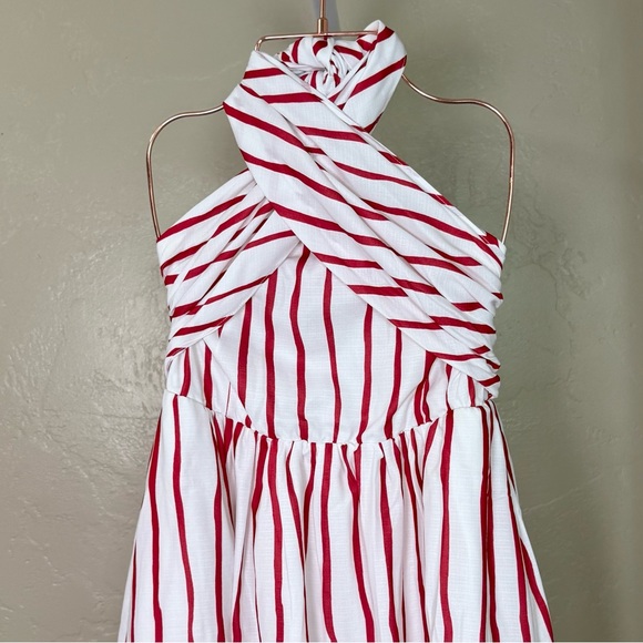 Commense Striped Twist Halter Maxi Dress Red White Smocked Back Small NWT - Picture 6 of 11